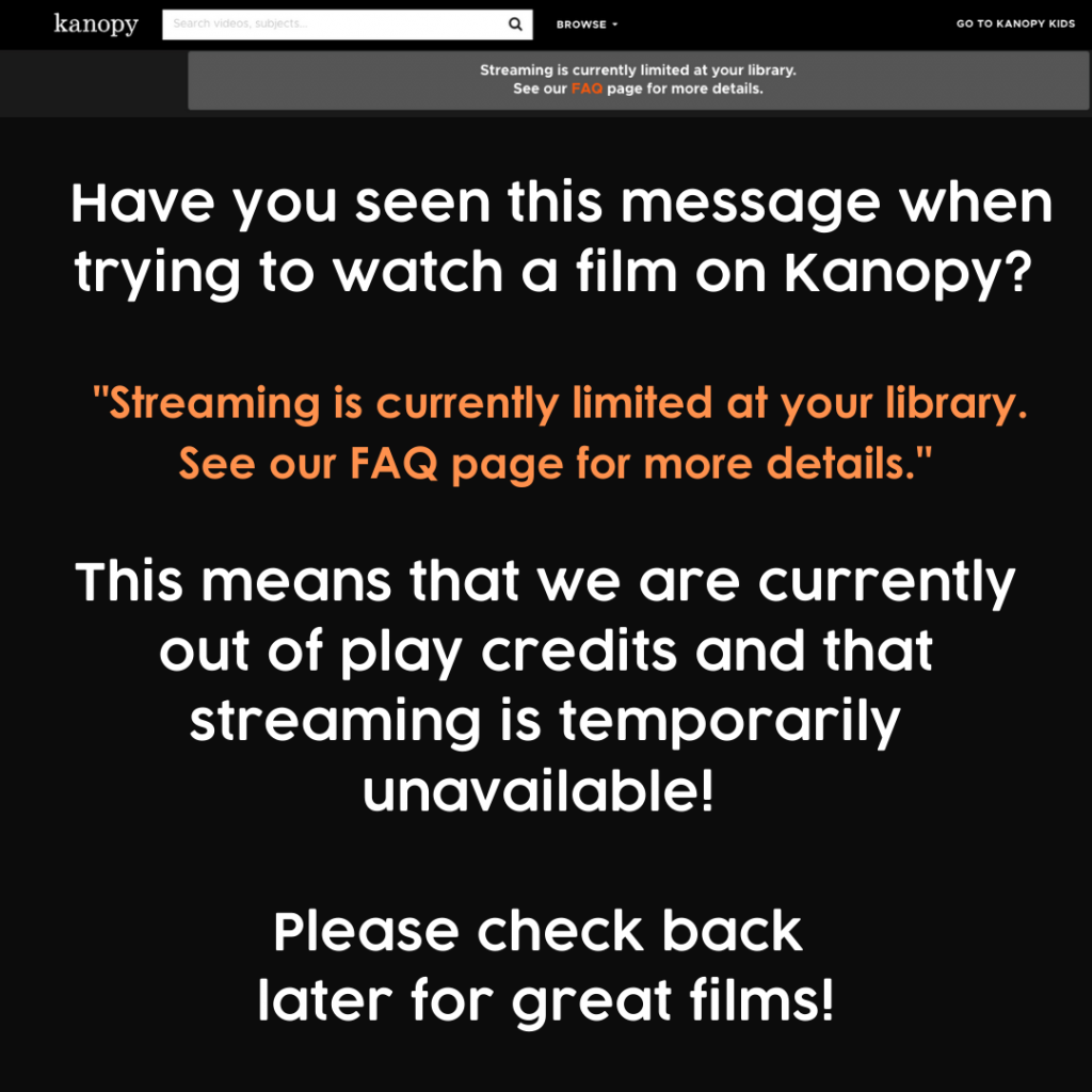 Have you seen this message on Kanopy lately? "Streaming is currently limited at your library. See our FAQ page for more details." This means that we are currently out of play credits and that streaming is temporarily unavailable! Please check back later for great films!