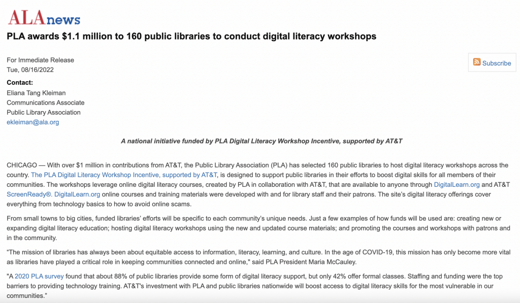 Letter about awarding libraries with $1.1 million to 160 libraries to conduct digital literacy workshops