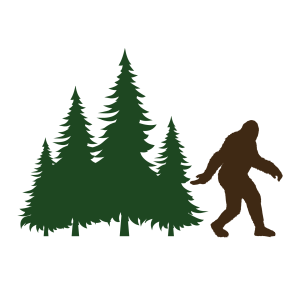 Image with green trees and bigfoot.