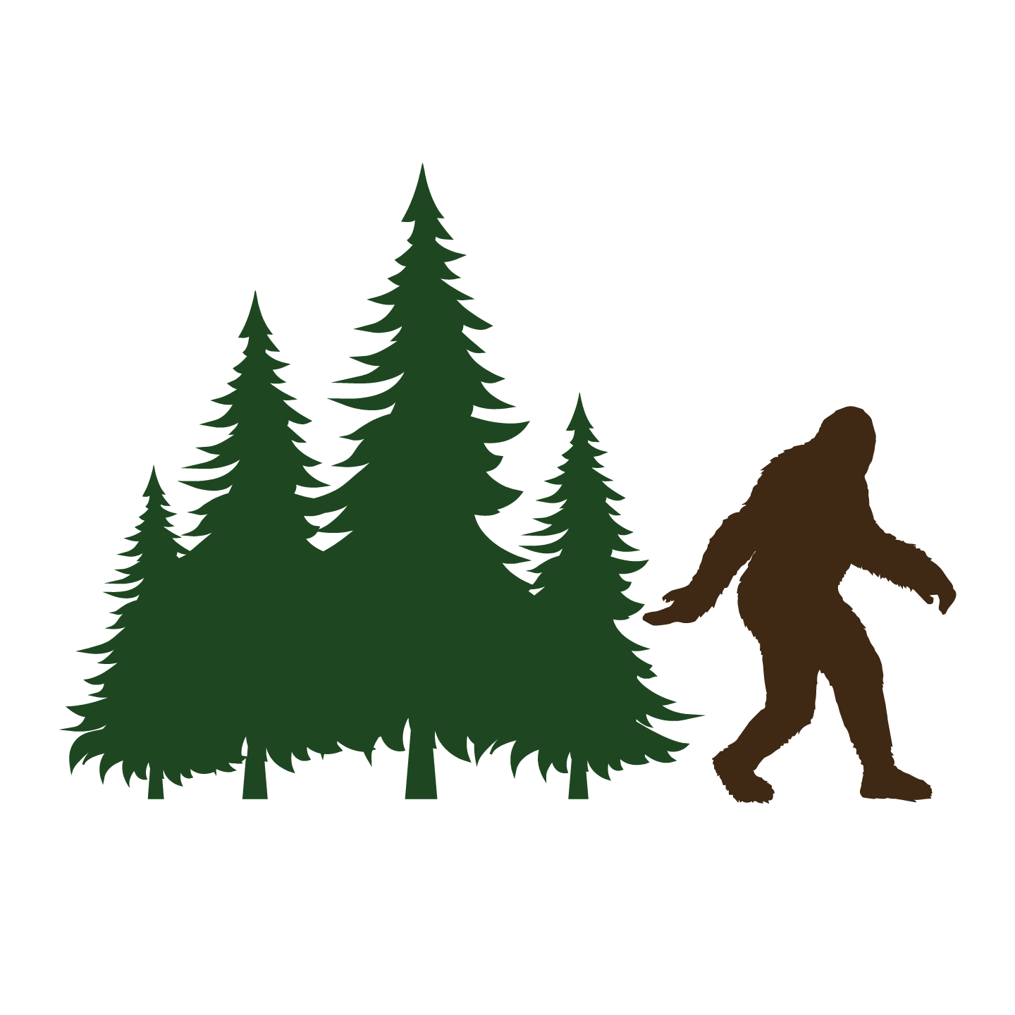 Image with green trees and bigfoot.