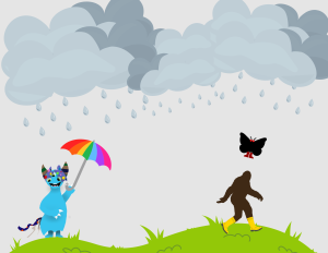 Image of a rainy day with cartoon characters.