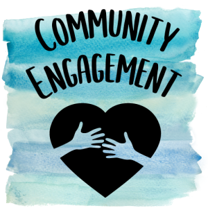 Two hands hugging a heart with the words, "Community Enggment".