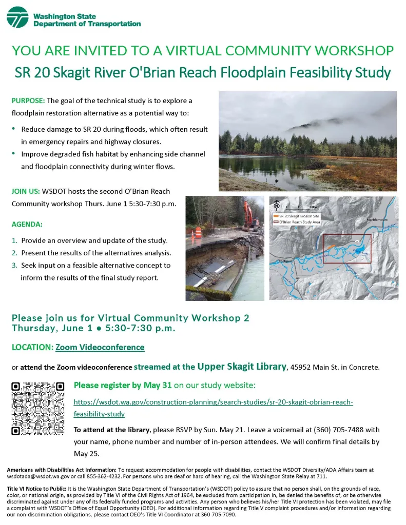 Virtual meeting about the Skagit River O'Brian reach floodplain feasibility study, on Thursday, June 1st from 5"30pm - 7:30pm