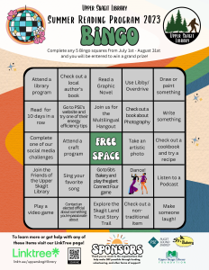 This image represents the flyer for the summer reading program of 2023 that anyone can participate in and they will be entered to win a prize after they complete any of the 5 squares.