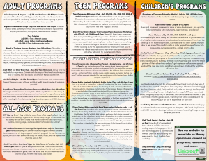 This is a flyer that shows the adult, teen, and children programs.