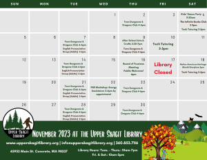 This image shows the activities that will be happening in the month of November at the upper Skagit library.