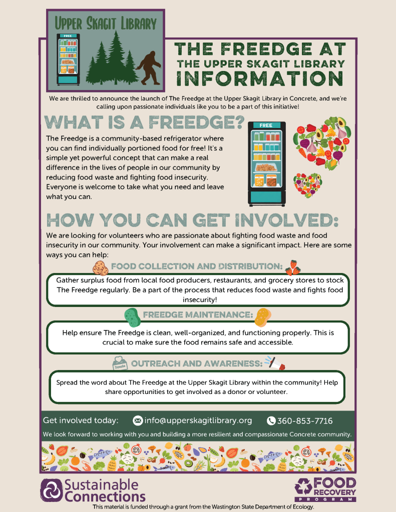 This flyer shows the information about the free portioned food that is being held in the upper Skagit library.